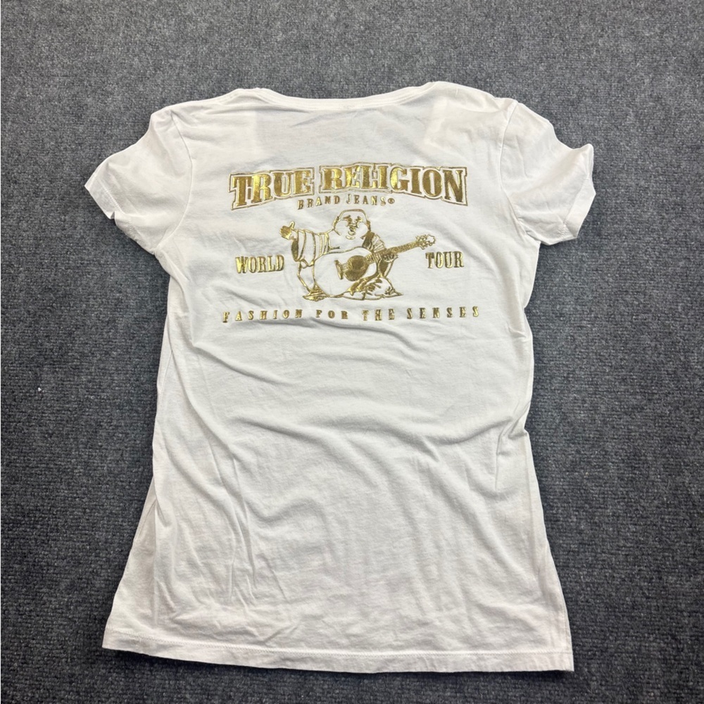 TRUE RELIGION Women’s White V-Neck Gold Logo Graphic T-Shirt size: Small